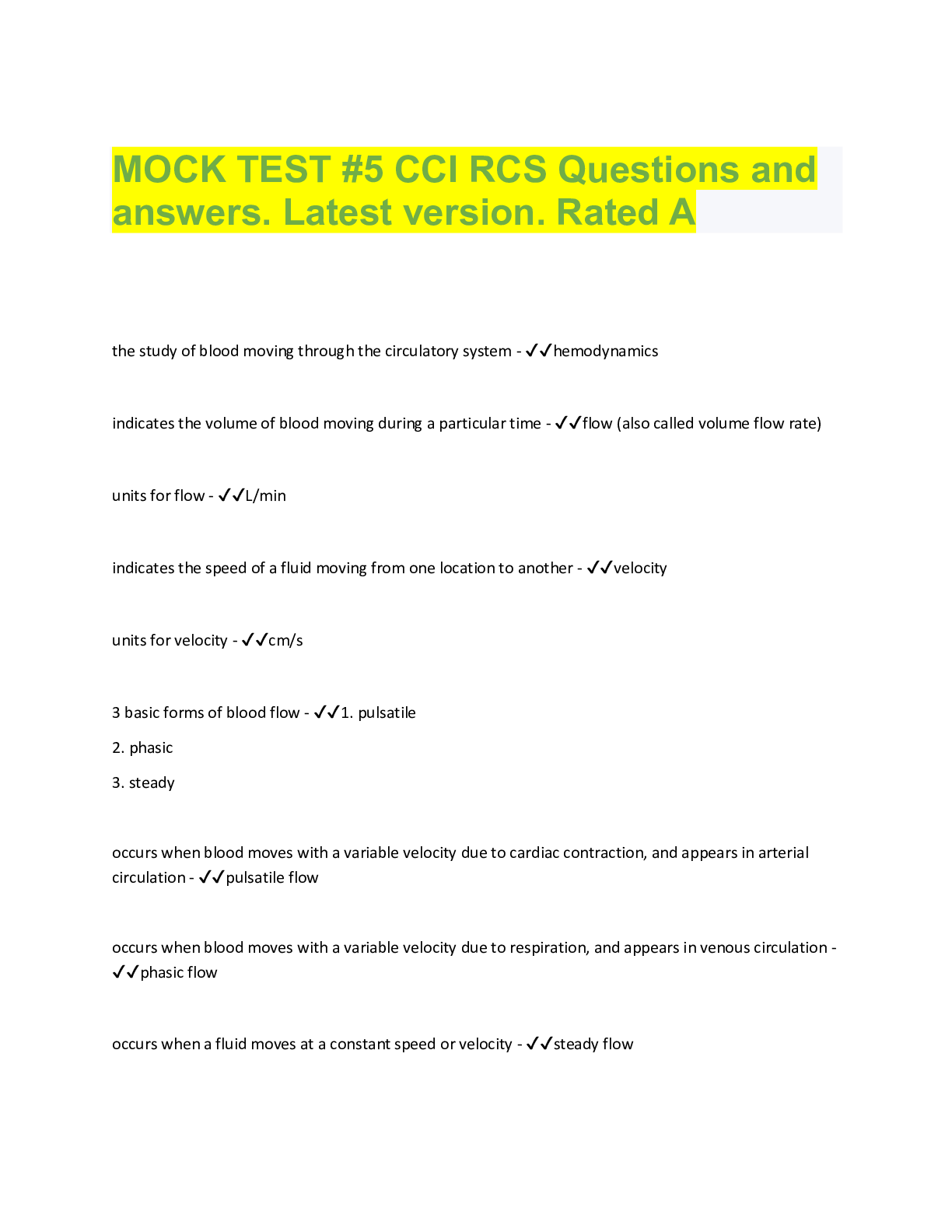 Preview image for MOCK TEST #5 CCI RCS Questions and  answers. Latest version. Rated A